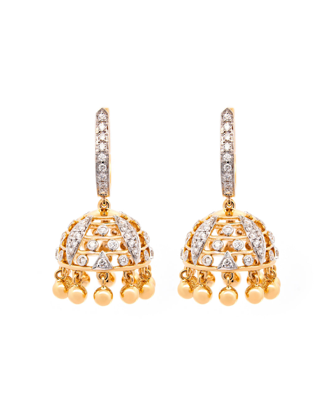 Víya Round Diamond Jhumkas Traditional Dangling Earrings Yellow Gold 18K