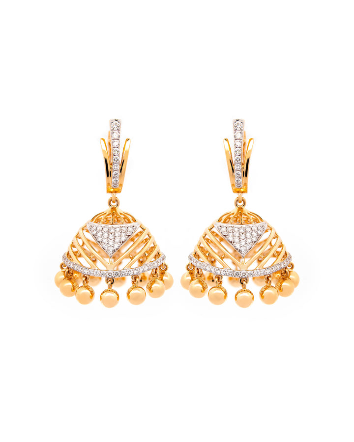 Víya Round Diamond Jhumkas Traditional Dangling Earrings Yellow Gold 18K