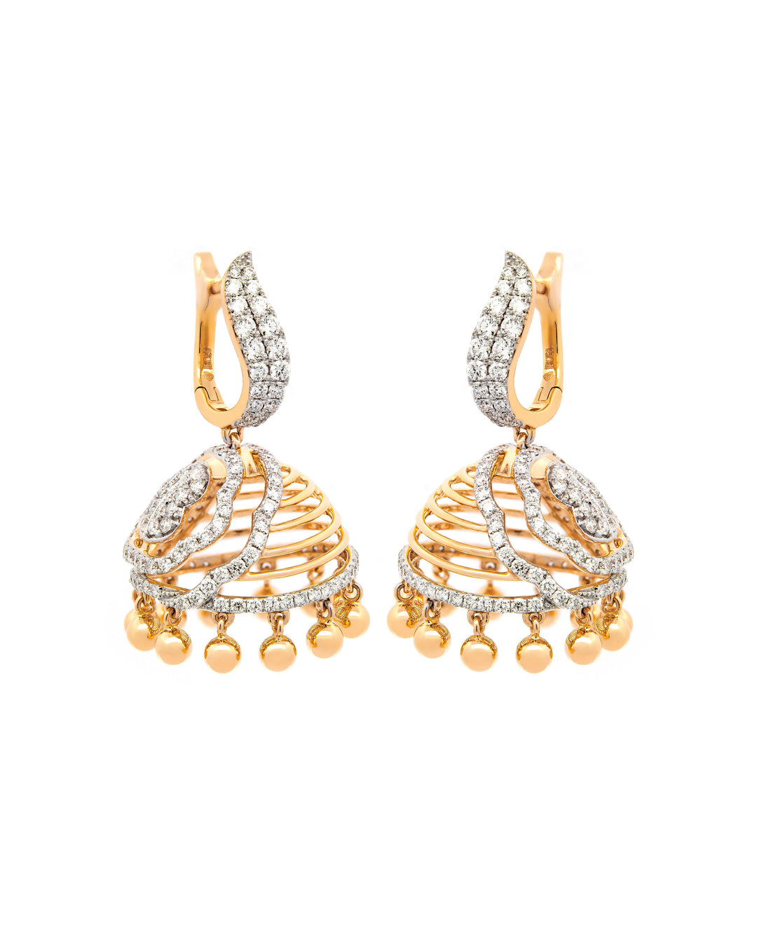 Víya Round Diamond Jhumkas Traditional Dangling Earrings Yellow Gold 18K