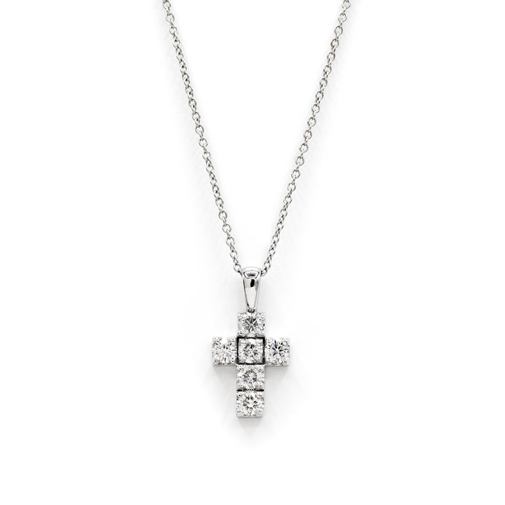 Víya Round Diamond Boxy Cross Pendant Small 14K White Gold