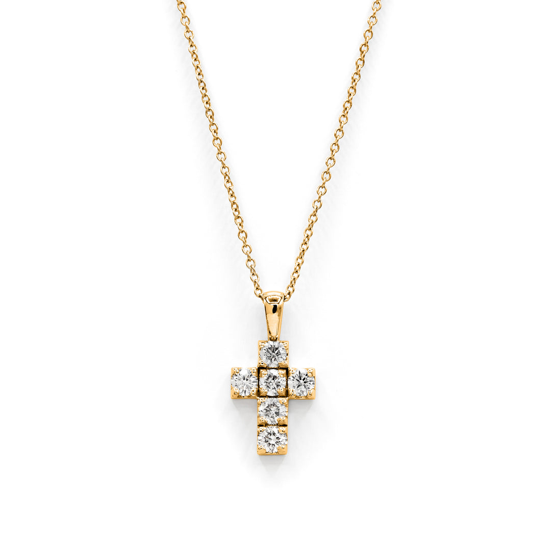 Víya Round Diamond Boxy Cross Pendant Small 14K Yellow Gold