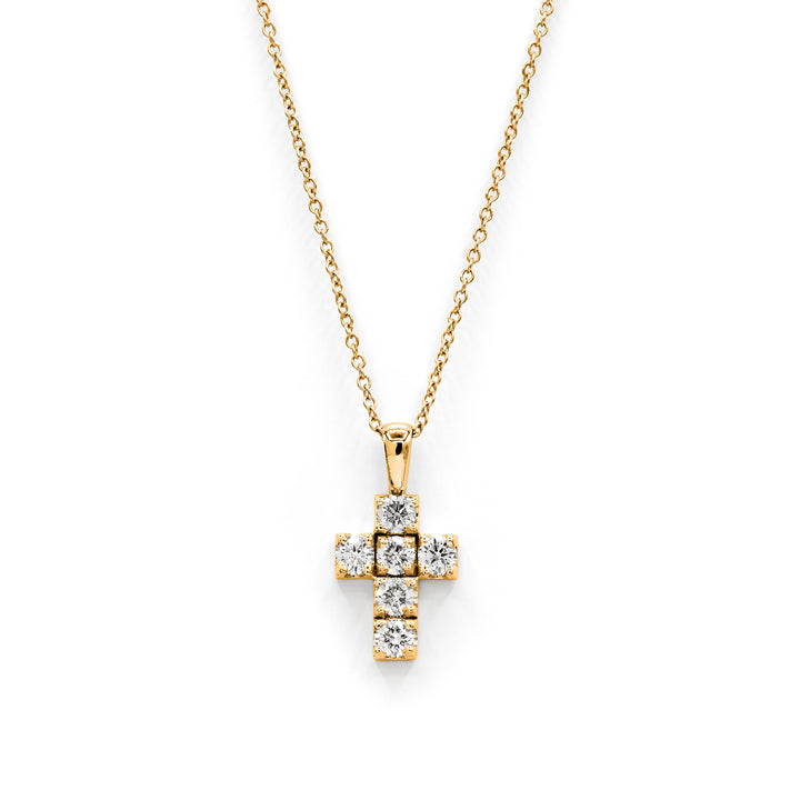 Víya Round Diamond Boxy Cross Pendant Small 14K Yellow Gold