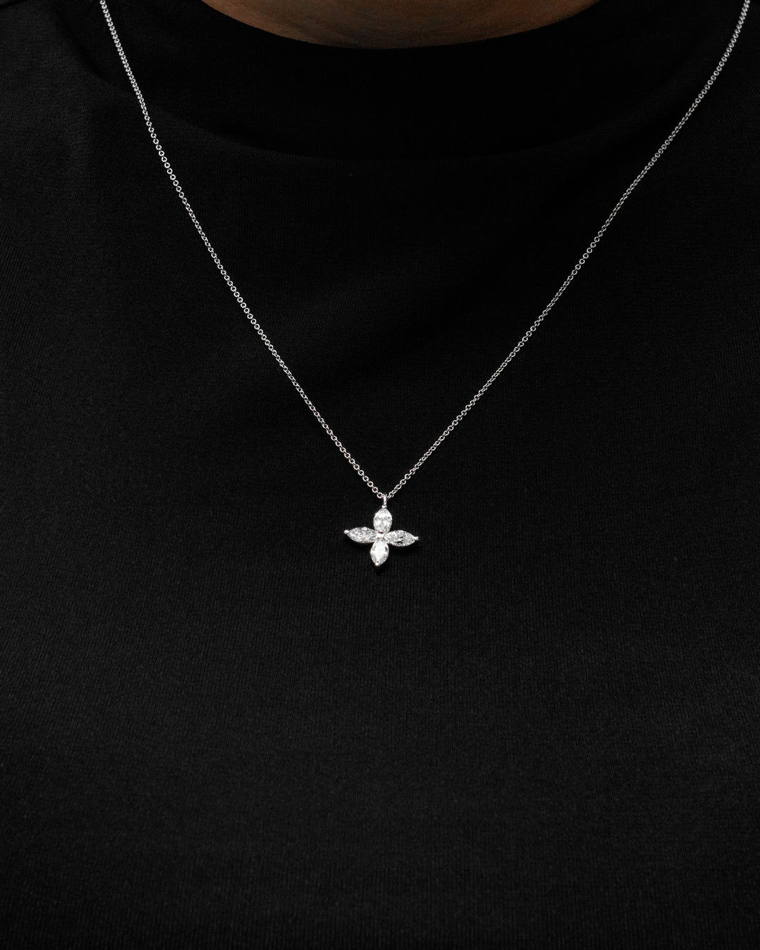 Marquise Diamond Flower 1 Carat Pendant Necklace White Gold on body