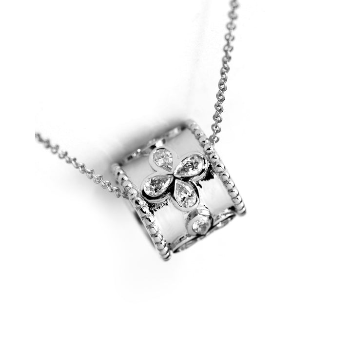 Víya Pear Shape Diamond Flower Barrel Pendant Charm Necklace White Gold 14K