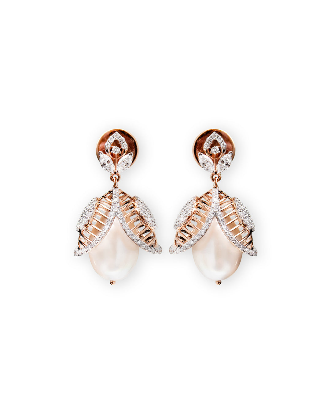 Pair of earrings with rose gold and pearl design on a white background