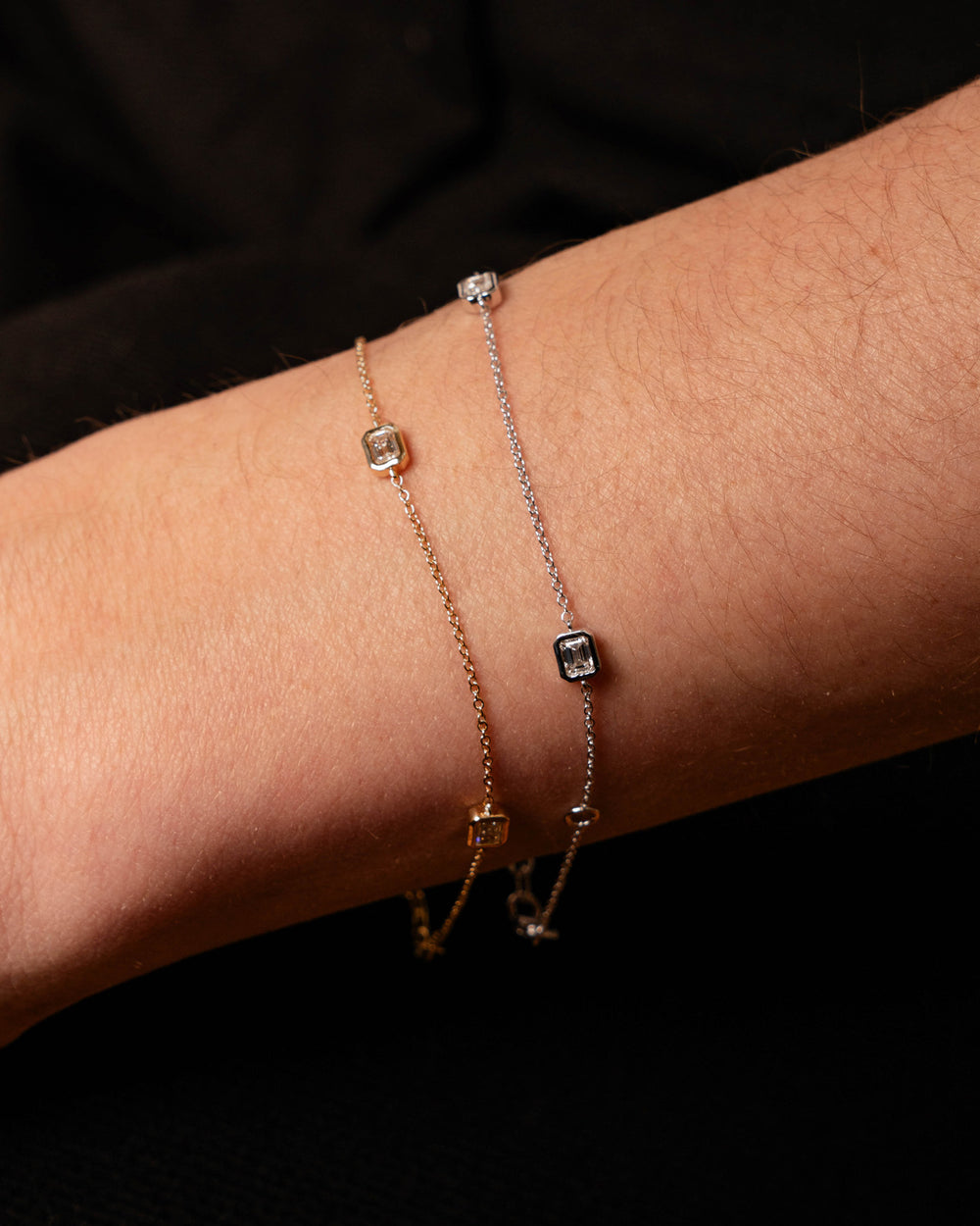 Víya Emerald Shape Diamond Bezel Tennis Bracelet White Gold 14K and Yellow Gold  14K on body