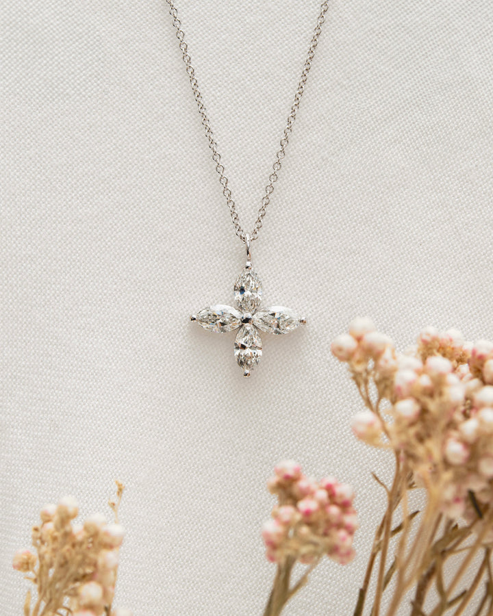 Marquise Diamond Flower 1 Carat Pendant Necklace White Gold