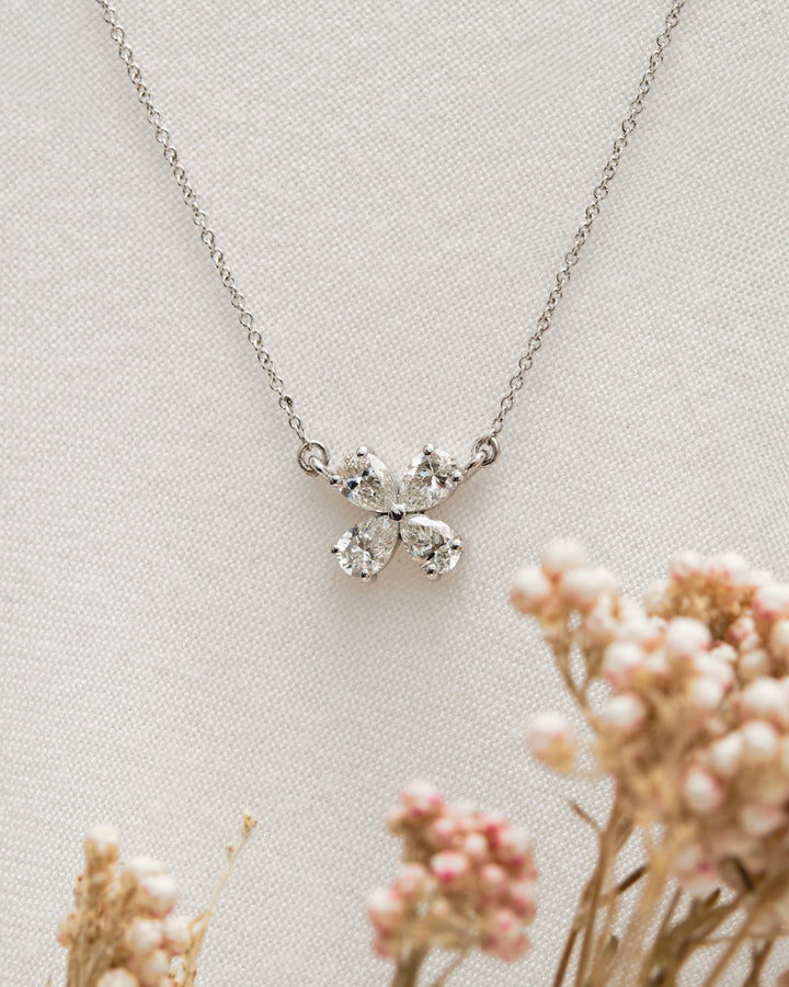 Pear Diamond Flower 1 Carat Pendant Necklace White Gold