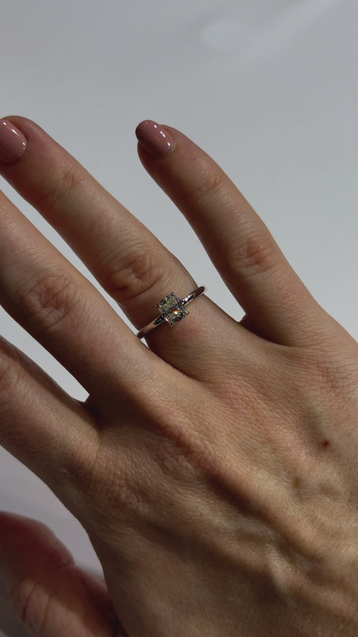 Elongated Cushion Diamond Contemporary Engagement Ring on body